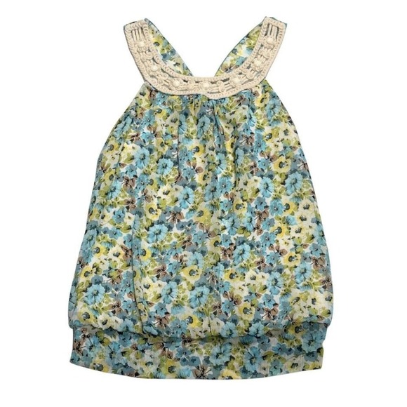 Iz Byer Tops - Y2K Iz Byer women's bubble hem floral beaded boho chiffon tank top smocked hem
